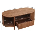 Oval Coffee Table, 47 Inch Fluted Coffee Tables with Cabinets & Sliding Doors, Mid-Century Modern Center Table with Storage 2