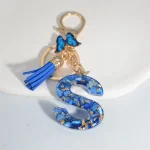 Fashion Blue Glazed Stone A To Z Letter Keychain 26 Initials Alphabet Butterfly Tassel Pendant Car Key Chain Women Jewelry GIfts 5