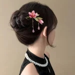 Floral Hair Stick Chinese Style Hairpin, Pink Flower Tassel Retro Traditional Hanfu Elegant Hair Accessory For Women Daily Party 2