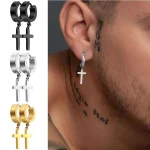 1Pair Punk Stainless Steel Cross Pendant Hoop Earrings For Men Women Not Fade Ear Rings Hip Hop Male Jewelry 3