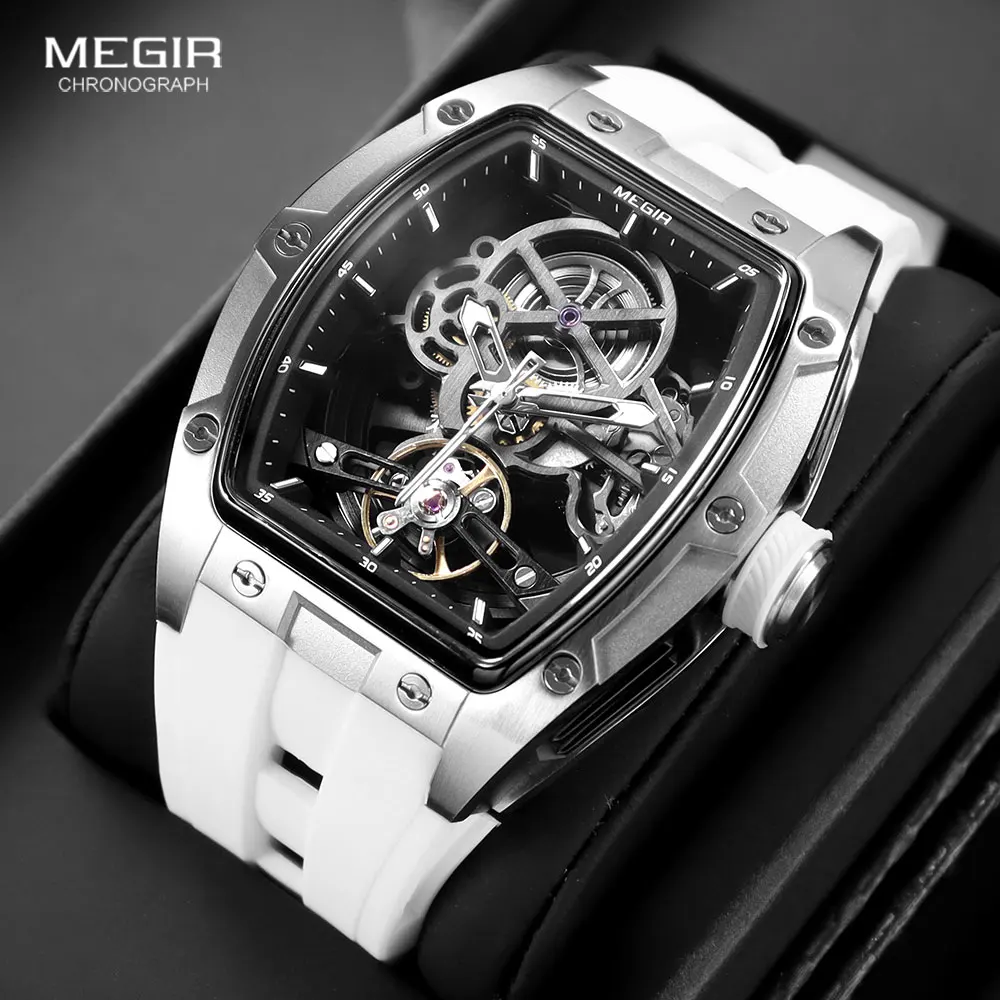 MEGIR Men's Automatic Mechanical Watch with Stainless Steel Case Silicone Band Skeleton Dial Waterproof Sport Wristwatch MEGIR Men's Automatic Mechanical Watch with Stainless Steel Case Silicone Band Skeleton Dial Waterproof Sport Wristwatch