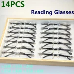 14-Pack Vintage Style Rimless Reading Glasses - Rectangular Frame, Blue Light Blocking, Anti-Fatigue, Unisex, Lightweight PC