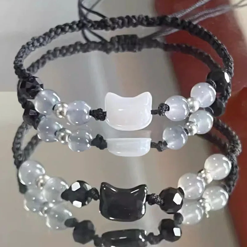 2pcs Natural Moonstone Obsidian Bracelets Couple Minimalist Bracelet Handmade Cute Black White Cat Bracelet Party Jewelry Gifts 2pcs Natural Moonstone Obsidian Bracelets Couple Minimalist Bracelet Handmade Cute Black White Cat Bracelet Party Jewelry Gifts