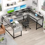 U Shaped Gaming Desk with Monitor Stand Storage Shelves, Corner Computer Desk with 2 Power Outlet Adjustable RGB Color LED Light 2