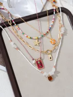 5PCS Charm Bohemian Sea Star Pendant Irregular Gravel Beads Clavicle Chain Women's Necklace Holiday Jewelery Accessories 3