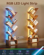 6-Tier Narrow LED Bookshelf with Cabinet, Vintage Wood & Steel Storage for Small Spaces, Home Decor 6