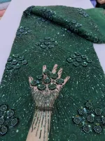African Heavy Beaded Lace Fabric 2025 High Quality Nigerian Sequin Pearl Lace French Tulle Fabric For Wedding Party Dress Sewing 6