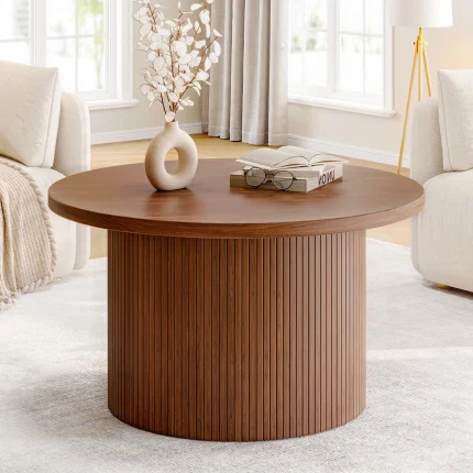 31.5" Round Coffee Table,Tambour Design Coffee Tables,Mid Century Modern Wood Coffee Table,Drum Accent Small Center Table,Walnut