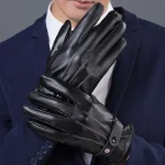 Men Winter PU Leather Black Gloves Button Warm Mittens Outdoor Sports Driving Skiing Men's Windproof Gloves Winter Supplies 4