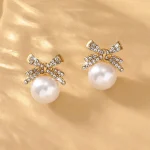 2 Women's Silver Needle Bow Studded With Diamond Pearl Earrings, Fashionable And Niche Design, High-end And Refreshing Earrings 4