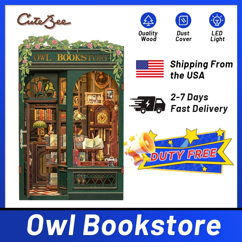 CUTEBEE DIY Book Nook Kit Miniature Wooden Dollhouse with Lights Bookshelf Insert 3D Puzzle Decor Model for Gifts Owl Bookstore CUTEBEE DIY Book Nook Kit Miniature Wooden Dollhouse with Lights Bookshelf Insert 3D Puzzle Decor Model for Gifts Owl Bookstore
