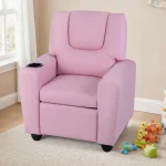 Toddler Recliner Chair with Cup Holder, Adjustable Lounger for Kids, Pink Ergonomic Furniture for Ages 3+ 5