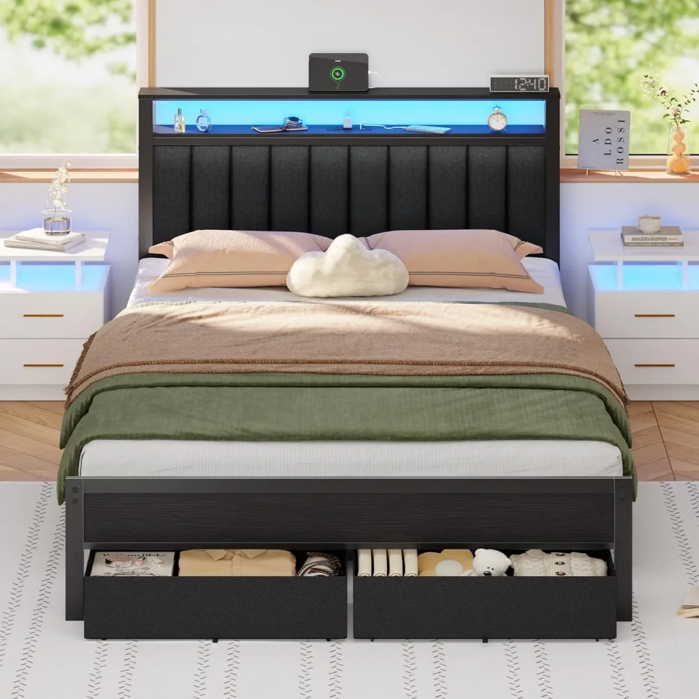Bed Frame with Charging Station and LED Lights, Grey Upholstered Headboard with Shelves, Metal Platform Bed, Customized Bed Frame with Charging Station and LED Lights, Grey Upholstered Headboard with Shelves, Metal Platform Bed, Customized