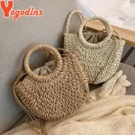 Yogodlns Handmade Half-Round Rattan Woven Straw Bag Summer Women Messenger Crossbody Bags Girls Small Beach Handbag New