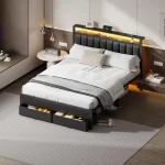 Bed Frame with Charging Station and LED Lights, Grey Upholstered Headboard with Shelves, Metal Platform Bed, Customized 3