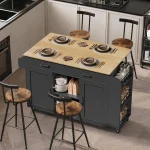 Portable Rolling Kitchen Island with Drop Leaf, Storage, Spice Rack, and Towel Holder - 52.8 Black & Natural KINB12801 2