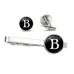 26 Alphabet Letters Print Personality Men Tie Clip & Cufflinks Set Shirt Suit Cuff Links Wedding Jewelry Fathers Day Gift 4