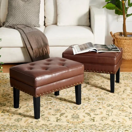Ottoman Stool, Mid-Century Modern PU Leather Vanity Accent Stool Chair, Makeup Stools Footrest Side Table, Set of 2