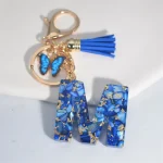 Fashion Blue Glazed Stone A To Z Letter Keychain 26 Initials Alphabet Butterfly Tassel Pendant Car Key Chain Women Jewelry GIfts 2
