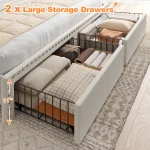 Full/Queen/King Bed Frame with 2-Tier Storage Headboard & 2 Storage Drawers Upholstered Platform Bed Frame No Box Spring Needed 4