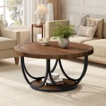 Tribesigns Round Coffee Table with 2 Tiers, 80 cm Wooden Circle Accent Cocktail Table with Storage Shelf and Metal Frame 3