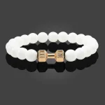 Natural Volcanic Stone Bracelet Men Matte Black Lave White Beads Charm Dumbbell Strand Bracelets Women Barbell Fitness Jewelry 4