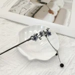 Classic Hair Stick Chopsticks Ink Color Flower Metal Fringe Hairpin For Women Pearl Black Beads Cheongsam Hair Bun Jewelry Gifts 5