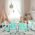 Rectangle Kids Table with 6 Chairs Set, Height Adjustable Toddler Multi Activity Table Set, Arts&Crafts Desk for Girls, 2-10 old 5