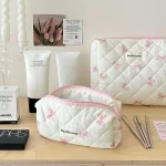 Cute Bow Toiletry Bag with Zipper Makeup Organizer Storage Bag Cotton Quilted Cosmetic Organizer Case for Women and Girls 4