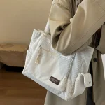 Simple Corduroy Tote Bag, Solid Color Shoulder Bag, Retro Multi Pockets Handbag For School Work Shopping 5