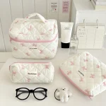 Cute Bow Toiletry Bag with Zipper Makeup Organizer Storage Bag Cotton Quilted Cosmetic Organizer Case for Women and Girls 2