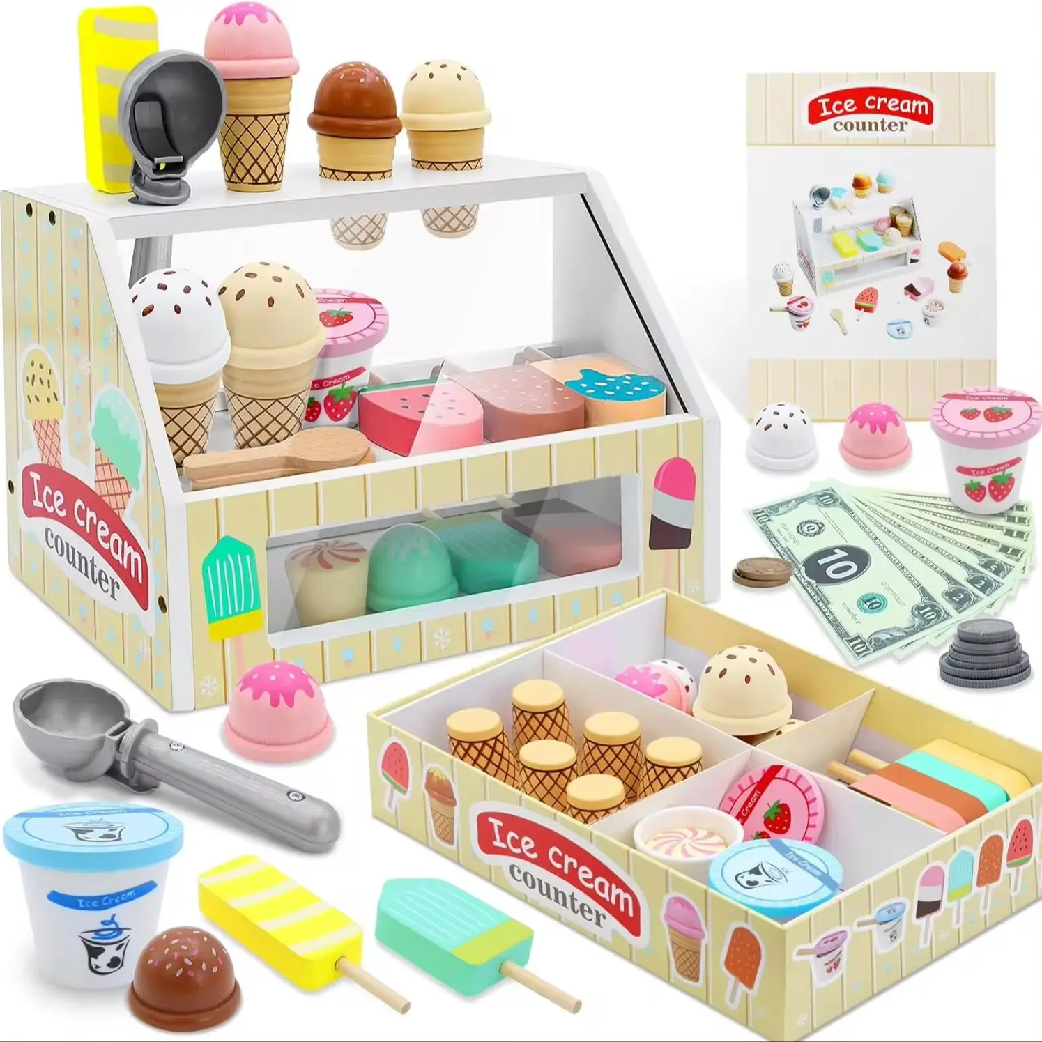 Ice Cream Counter Playset For Kids Montessori Pretend Play Food Toys Kitchen Accessories With Coin Role Play For Kids Girls Boys Ice Cream Counter Playset For Kids Montessori Pretend Play Food Toys Kitchen Accessories With Coin Role Play For Kids Girls Boys