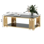 Stainless Steel Rectangle Glass Coffee Table for Living Room 51.18" Modern Center Table with Black Tempered Glass 8mm Gold Leg 6