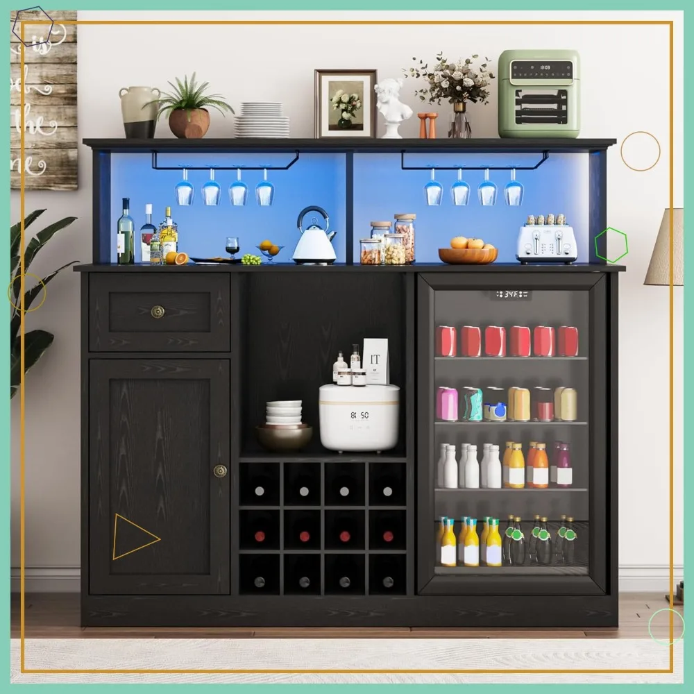 55" Farmhouse Wine Bar Cabinet with Mini Fridge Space, LED Lights & Power Outlet, Black Kitchen Buffet Hutch for Living Room 55" Farmhouse Wine Bar Cabinet with Mini Fridge Space, LED Lights & Power Outlet, Black Kitchen Buffet Hutch for Living Room