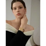 Yhpup 60mm Waterproof 316L Stainless Steel Round Smooth Bracelet Bangle Women Minimalist 18k Gold Color Texture Charm Jewelry 4