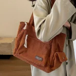 Simple Corduroy Tote Bag, Solid Color Shoulder Bag, Retro Multi Pockets Handbag For School Work Shopping 2