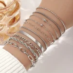 10 Pcs Vintage Statement Gold Color Flat Snake Chain Box Chain Bracelet Boho Multi-layer Metal Bracelet Women's Summer Jewelry 2