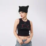 Corchet Cute Cat Ears Beanie Hat for Women Winter Striped Korean Fashion Y2K HipHop Cosplay Knitted Streetwear Men Skullies 3