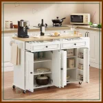 58" Mobile Kitchen Island Cart with Power Outlet, Storage, Spice Rack & Wheels
