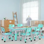 Rectangle Kids Table with 6 Chairs Set, Height Adjustable Toddler Multi Activity Table Set, Arts&Crafts Desk for Girls, 2-10 old 4