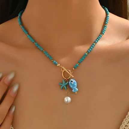 ZAKOL Bohemian Sea-Inspired Ceramic Fish & Starfish Pendant Necklace Dopamine Rainbow Color Beads Necklaces Beach Jewelry