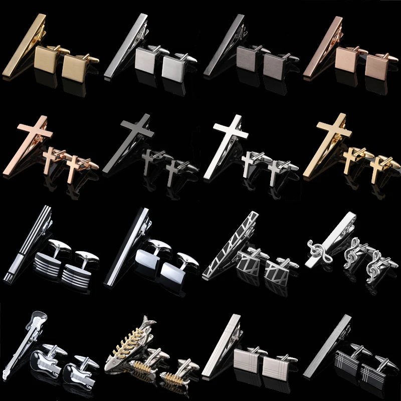 Copper material tie clip cufflink set cross square brushed design fashion brand men's French shirt cufflink business tie clip Copper material tie clip cufflink set cross square brushed design fashion brand men's French shirt cufflink business tie clip