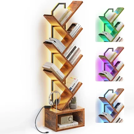 6-Tier Narrow LED Bookshelf with Cabinet, Vintage Wood & Steel Storage for Small Spaces, Home Decor