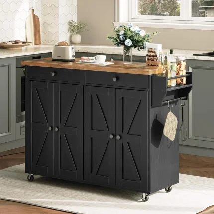 Kitchen Island with Power Outlet, 43.3 Rolling Island with Storage, Kitchen Cart with Spice Rack and Hooks, for Living Room