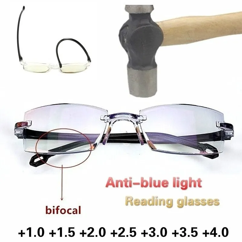2 Pair New Men Women Rimless Reading Glasses Anti Blue Light Bifocal Far Near Magnification Eyewear Presbyopic Glasses +150 +200 2 Pair New Men Women Rimless Reading Glasses Anti Blue Light Bifocal Far Near Magnification Eyewear Presbyopic Glasses +150 +200