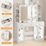 White Glass Top Vanity Desk with Lighted Mirror And RGB Cabinet 3 Drawers Makeup Vanity with Built-in Lighting Customized 4