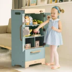 Robotime Robud Play Kitchen Fridge Refrigerator with Ice Dispenser Wooden Kids Play Kitchen Playset Toy for Ages 3+Blue 3