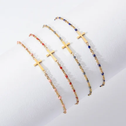 ZMZY Girls Boho Thin Chain Stainless Steel Bracelets For Women Gold Color Peach Pink Cross Charm Beautiful Gift