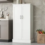 White Freestanding Kitchen Pantry Cabinet with Doors and Adjustable Shelves, Ideal for Living and Dining Rooms 2