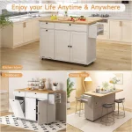 60" Mobile Kitchen Islands Rolling Trolleys Kitchen Island Table Drop Leaf Home Carts with Power Outlet Spice Towel Rack Trash 6